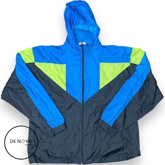 CHEETAH MEN’S Vintage Full Zip Hooded Windbreaker Jacket Size Large Black Blue - Picture 1 of 6